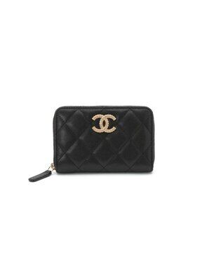 Chanel Wallet Coin Purse Black Gold Fragment Case CC Logo Quilted